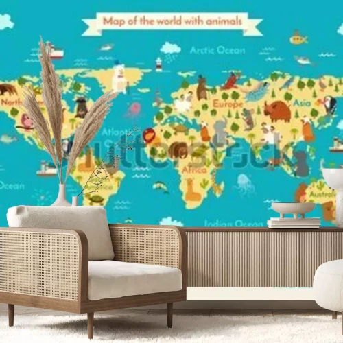 Fototapete Animals world map. Preschool illustration, baby, continents, oceans, drawn, Earth.