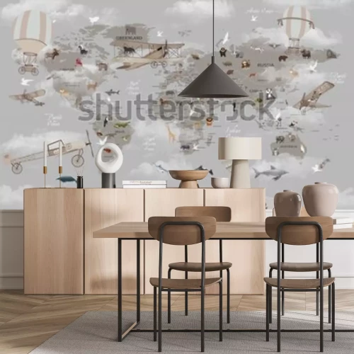 Fototapete World map animals for kids room wallpaper design