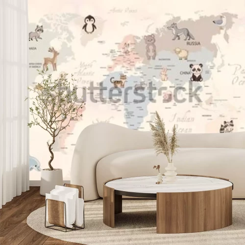 Fototapete Animals world map for kids wallpaper design