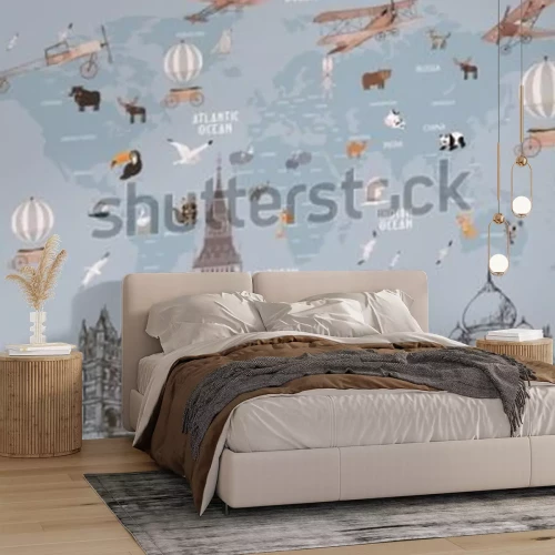 Fototapete Animals world map and famous landmarks of the world for kids wallpaper design