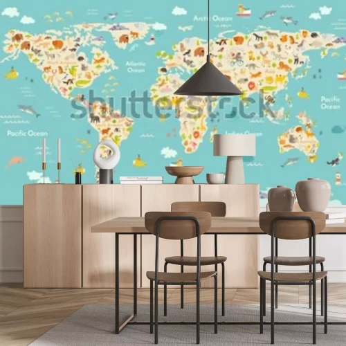 Fototapete Map animal for kid. Continent of world, animated child's map. Vector illustration animals poster, drawn Earth. Continents and sea life. South America, Eurasia, North America, Africa and Australia