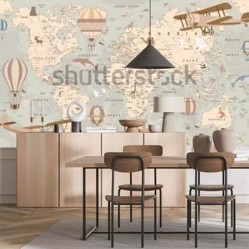 Fototapete Kinderweltkarte mit Luftballons und Vintage-Flugzeugen