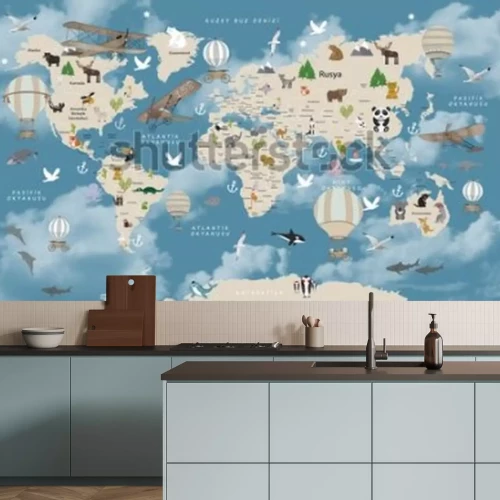 Fototapete Animals world map for kids wallpaper design Turkish articles