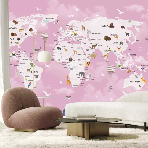 Fototapete Rosa Weltkarte mit Tieren für Kinder
