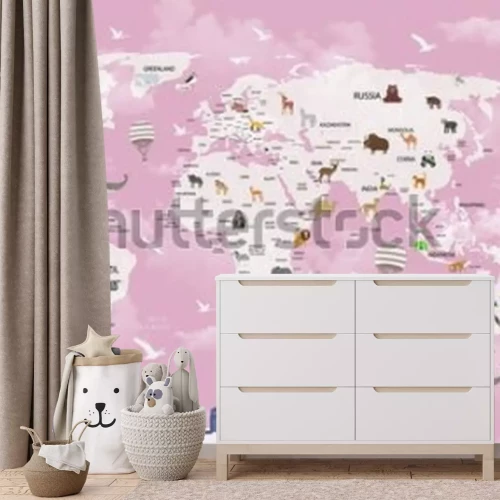 Fototapete Rosa Weltkarte mit Tieren für Kinder