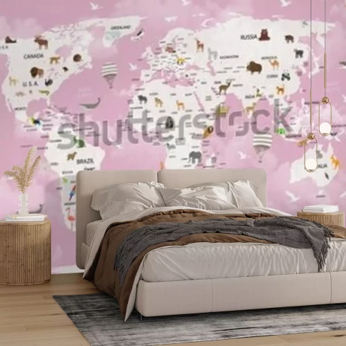 Fototapete Rosa Weltkarte mit Tieren für Kinder
