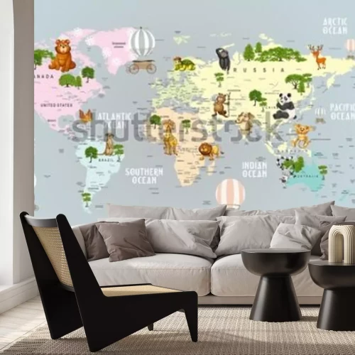Fototapete Animals world map for kids wallpaper design