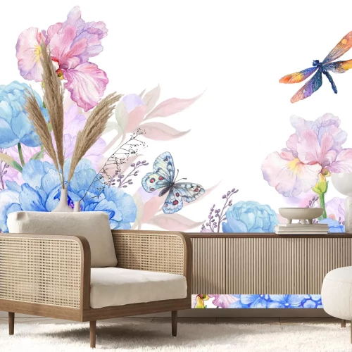 Fototapete Floral background .illustration of watercolor. flowers peonies, irises, hydrangeas,butterflies and dragonflies . postcard floral pattern