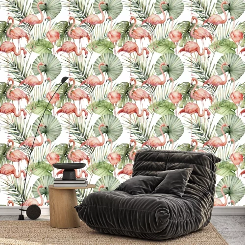 Tapete Flamingos vor dem Hintergrund tropischer Blätter mit Aquarellfarben gemalt