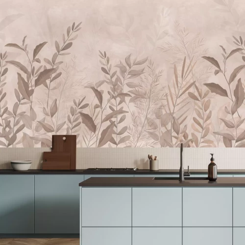 Fototapete Blätter und Gräser in Beigetönen