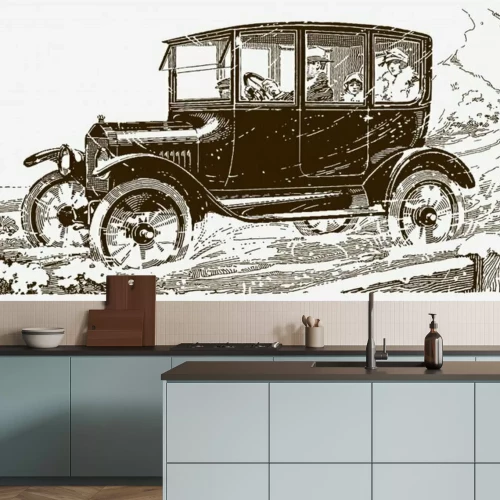 Sticker Four people driving in a vintage car in a snowy landscape. Illustration after a historical engraving from the early 20th century