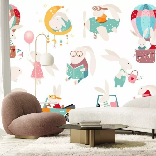 Sticker Easter bunny clipart set, Easter rabbit collection, isolated elements on white. Vector illustration.