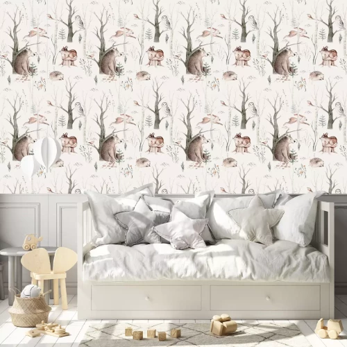 Tapete Watercolor Woodland animal Scandinavian seamless pattern. Fabric wallpaper background with Owl, hedgehog, fox and butterfly, rabbit forest squirrel and chipmunk, bear and bird baby animal,