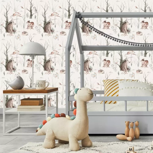 Tapete Watercolor Woodland animal Scandinavian seamless pattern. Fabric wallpaper background with Owl, hedgehog, fox and butterfly, rabbit forest squirrel and chipmunk, bear and bird baby animal,