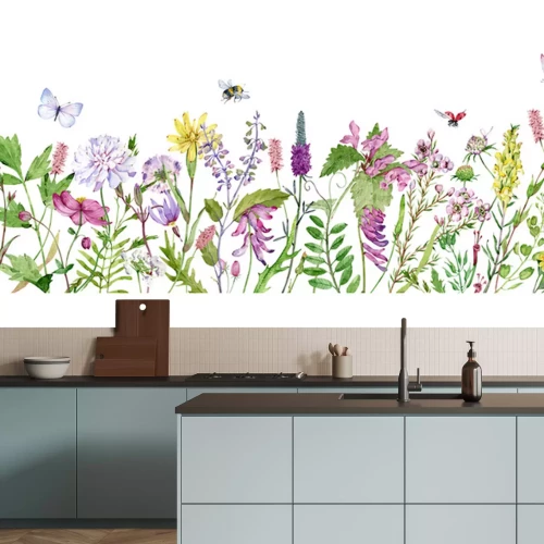 Fototapete Bunte Wiesenblumen und Insekten im Aquarellstil