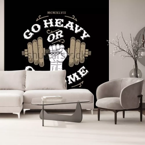 Fototapete monochrome fitness bodybuilding hipster vintage label , badge " go heavy or go home " for flayer poster logo or t-shirt print with arm hand and dumbbell