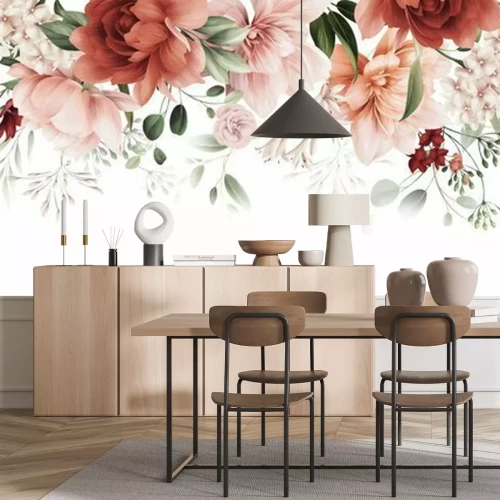 Fototapete Komposition aus hängenden Blumen auf weißem Hintergrund