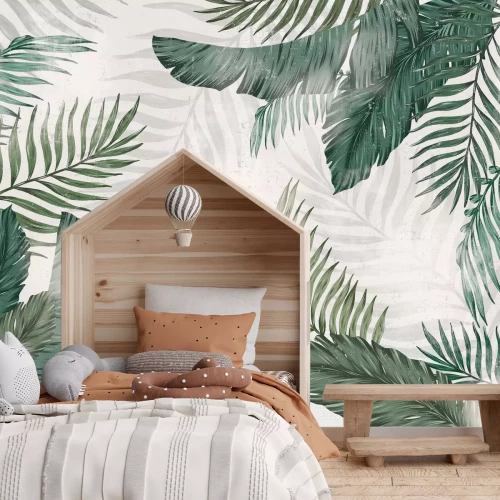 Fototapete Exotische Blätter auf Betontextur