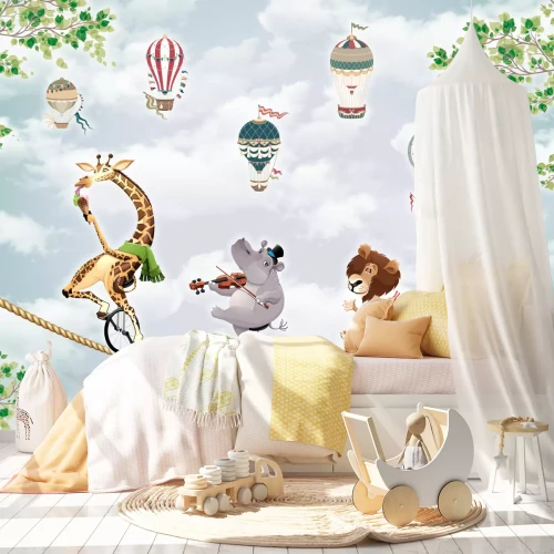 Sticker Children's picture, animals on a wheel ride on a tightrope against the sky with balloons