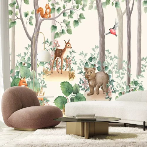 Fototapete Süße Waldtiere und Vögel zwischen den Bäumen