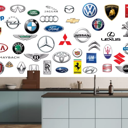 Fototapete Komposition mit Automarkenlogos