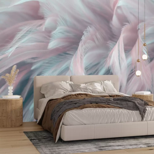 Fototapete Image nature art of wings bird,Soft pastel detail of design,chicken feather texture,white fluffy twirled on transparent background wallpaper Abstract. Coral Pink color trends and  vintage.
