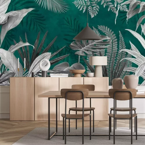 Fototapete Mural for the walls. Photo wallpapers for the room. Tropical leaves on a green background in the grunge style.