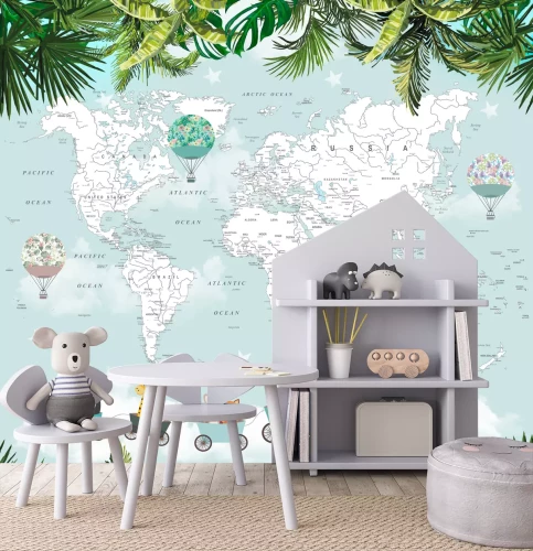 Fototapete Kinderweltkarte mit Tierreisenden