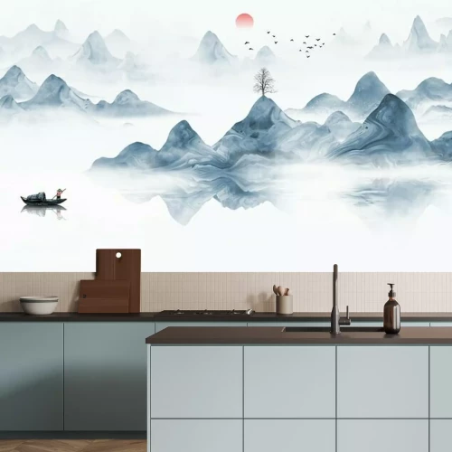 Fototapete Hand painted Chinese style blue elegant landscape painting