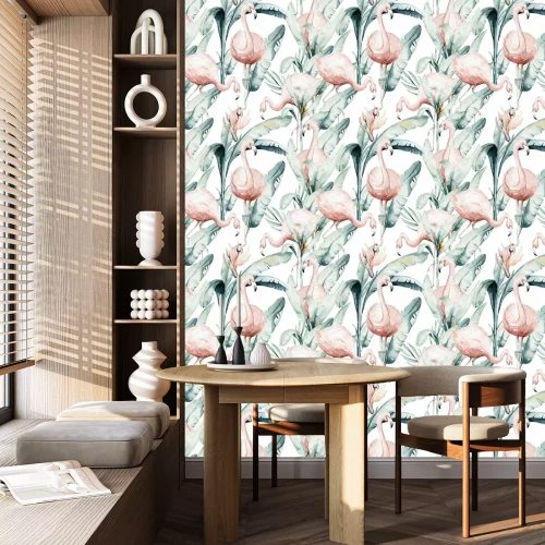 Tapete Tropical seamless pattern with flamingo. Watercolor tropic drawing, rose bird and greenery palm tree, tropic green texture, exotic flower
