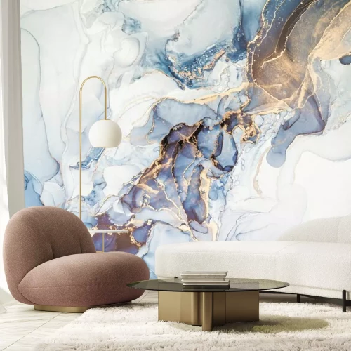 Fototapete High resolution. Luxury abstract fluid art painting in alcohol ink technique, mixture of dark blue, gray and gold paints. Imitation of marble stone cut, glowing golden veins. Tender and dreamy design.