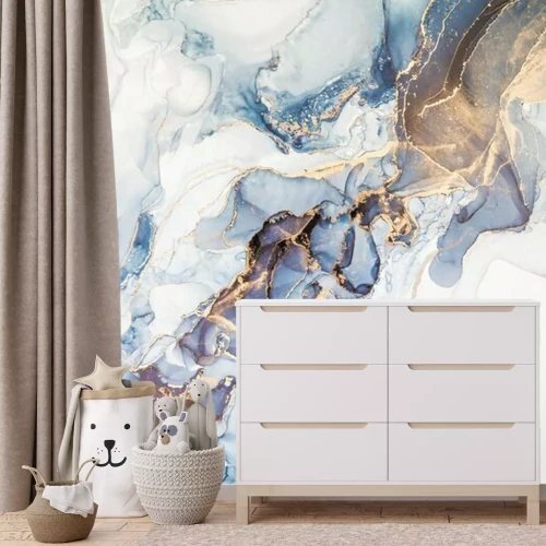 Fototapete High resolution. Luxury abstract fluid art painting in alcohol ink technique, mixture of dark blue, gray and gold paints. Imitation of marble stone cut, glowing golden veins. Tender and dreamy design.