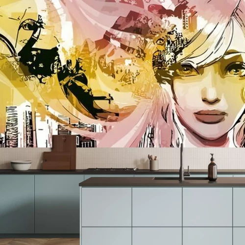 Fototapete Fashionable, abstract, simple, grunge, geometric, street background, color gradient. Vector illustration for Wallpaper, banner, background, postcard, painting, girl, pink, yellow