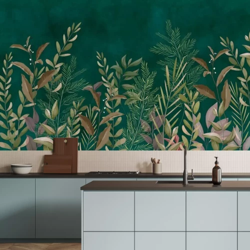 Fototapete Exotische Vegetation auf grünem Hintergrund