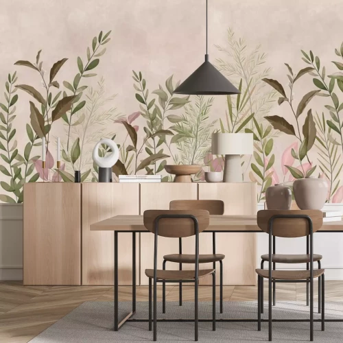 Fototapete Photo wallpapers for walls. Beautiful leaves on a beige background. A mural for a room. Painted grass.