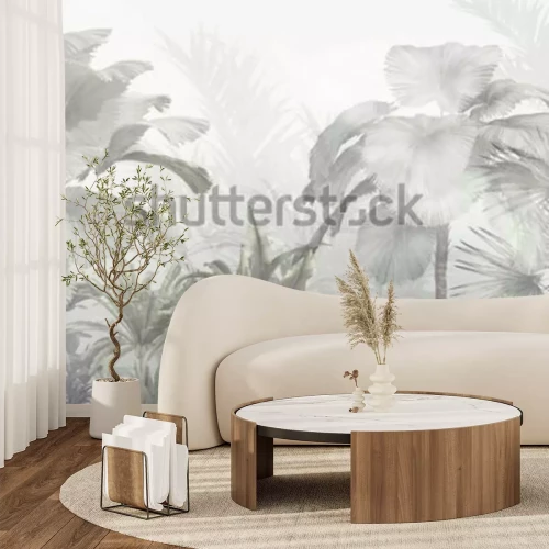 Fototapete Tropical trees and leaves wallpaper design in foggy forest - 3D illustration