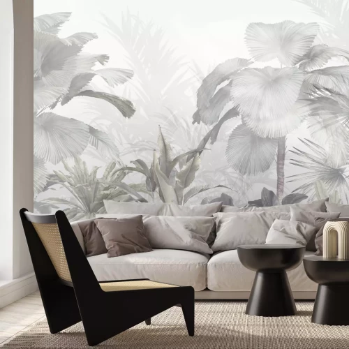 Fototapete Tropical trees and leaves wallpaper design in foggy forest - 3D illustration