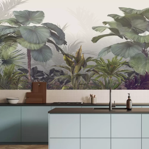 Fototapete Tropical trees and leaves wallpaper design in foggy forest - 3D illustration