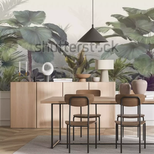 Fototapete Tropical trees and leaves wallpaper design in foggy forest - 3D illustration
