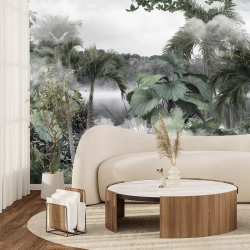 Fototapete Tropical trees and leaves wallpaper design in foggy forest - 3D illustration