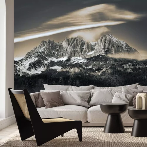 Fototapete Schwarz-weiße Berglandschaft im Nebel