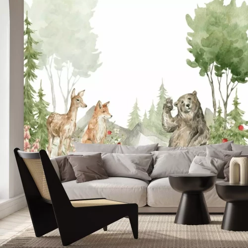 Fototapete Aquarelllandschaft mit Waldtieren in der Natur