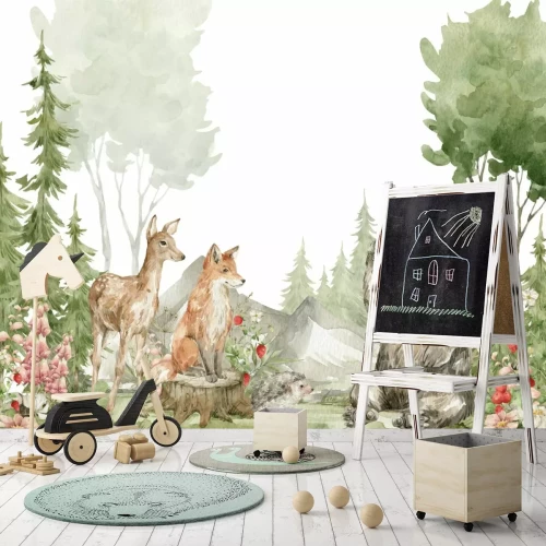 Fototapete Aquarelllandschaft mit Waldtieren in der Natur