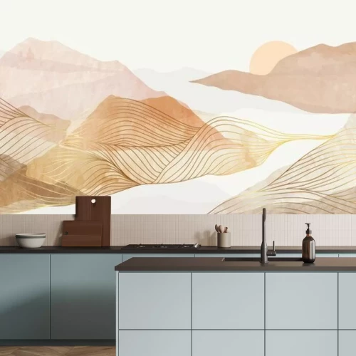 Sticker Abstract Mountain background vector. Minimal landscape art with watercolor brush and golden line texture. Abstract art wallpaper for prints, Art Decoration, wall arts and canvas prints. 