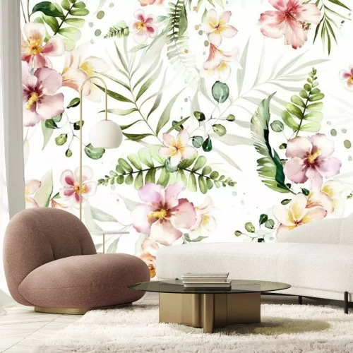 Fototapete Seamless pattern with tropical leaves and flowers. watercolor  Botanic