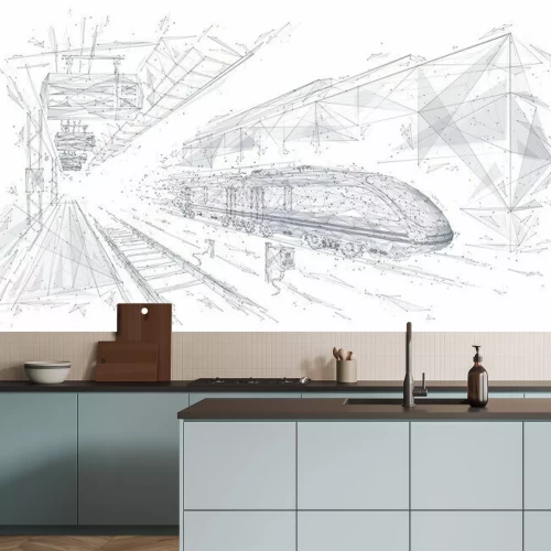 Fototapete Abstract low poly 3d wireframe of modern train at railway station or metro. Vector sketch drawing with connected dots. Rapid transit system, transportation, railway logistics concept isolated in white