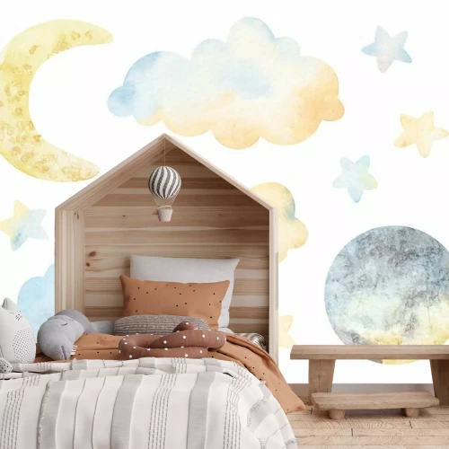 Sticker Watercolor clouds, moon, stars, decorative elements. Watercolor illustrations clip art for nursery decorations. For t-shirt print, wear fashion design, baby shower, kids cards, linens, wall stickers.