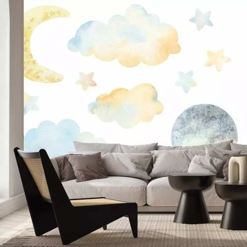 Sticker Watercolor clouds, moon, stars, decorative elements. Watercolor illustrations clip art for nursery decorations. For t-shirt print, wear fashion design, baby shower, kids cards, linens, wall stickers.
