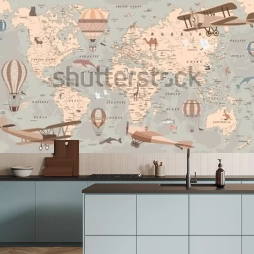 Fototapete Retro-Kinderkarte mit Luftballons und Flugzeugen