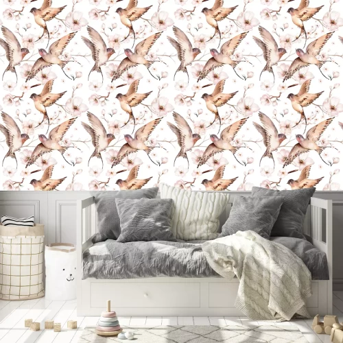 Tapete Aquarell-Schwalben vor dem Hintergrund von Frühlingsblumen